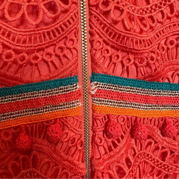 SAYLOR Coral Merrill Romper Scallop Embroidery Pink Orange Crochet Pom Pom Small - Picture 7 of 9